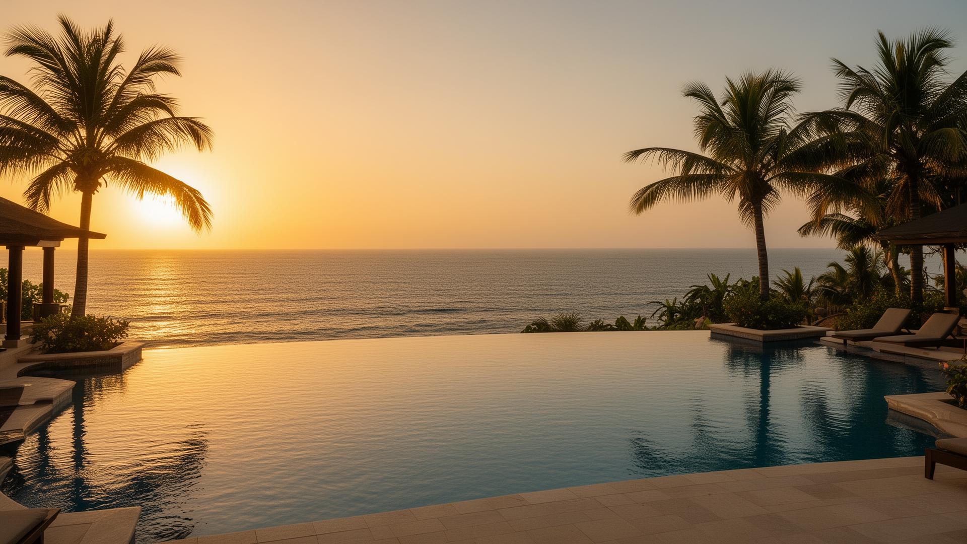 Luxury infinity pool overlooking the Atlantic at sunset, Accra